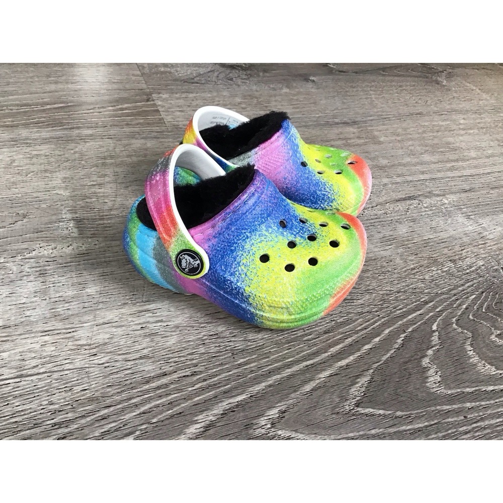 Crocs Baby Girls Size 4 C4 Rainbow Clogs Black Lined Shoes Slip On 208095
